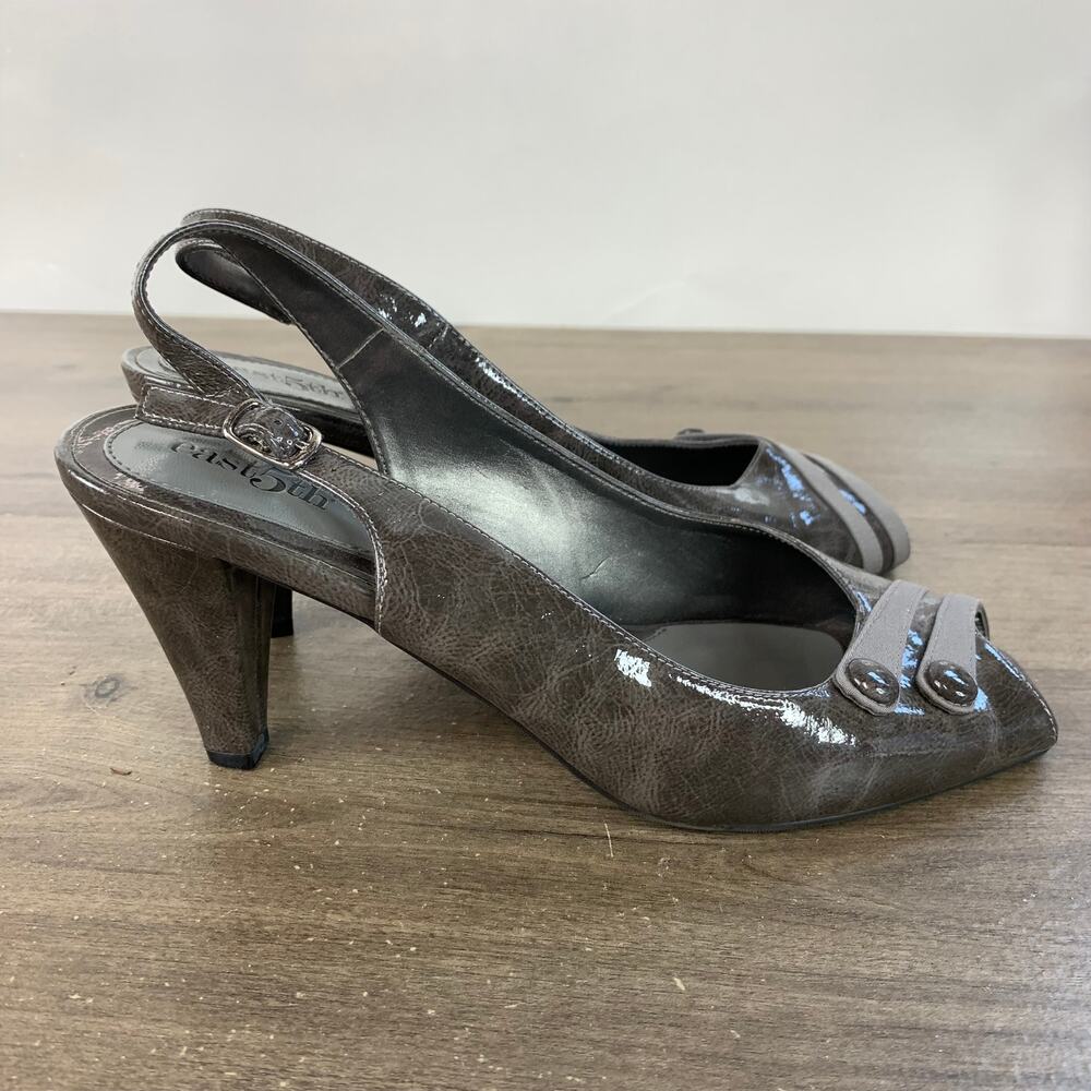 East 5th Womens Slingback Heels Size 8 M Peep Toe Shoes Gray Button 024-5005